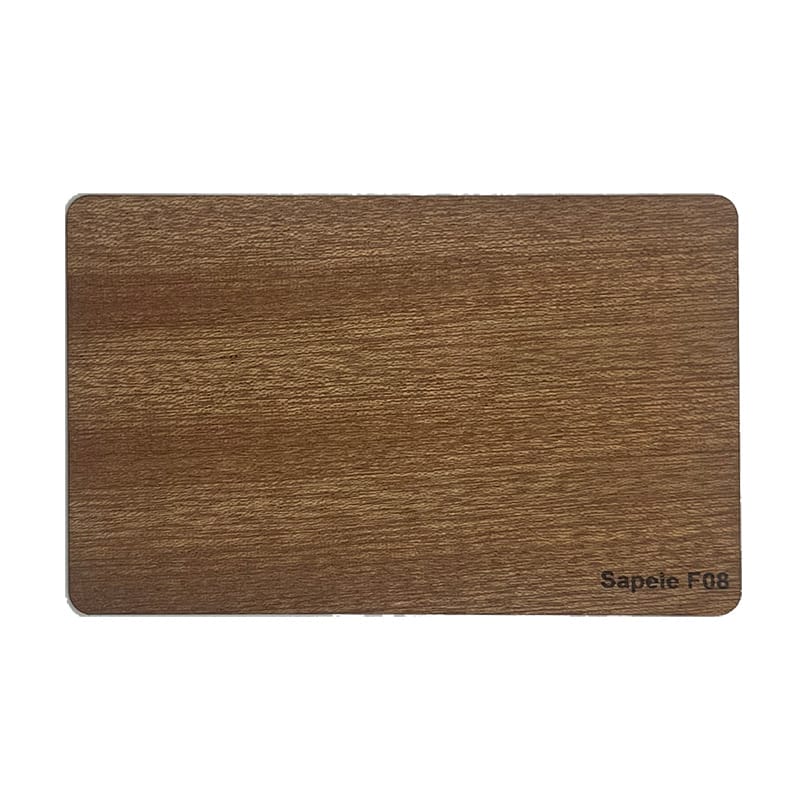 Custom Bamboo Business Cards: Eco-friendly wooden card sample showing rich brown wood grain. Sapeie F08.