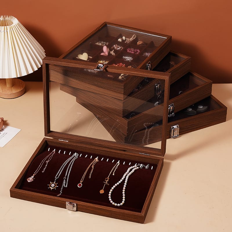 Custom Burl Wood Jewelry Box: Stacked wooden jewelry organizer with glass top, ideal for storing and displaying necklaces, earrings, and other accessories.