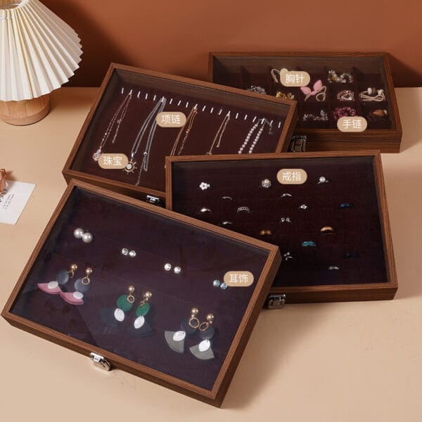 Custom Burl Wood Jewelry Box: Layered wooden jewelry organizer with compartments for necklaces, earrings, rings, bracelets, and more.