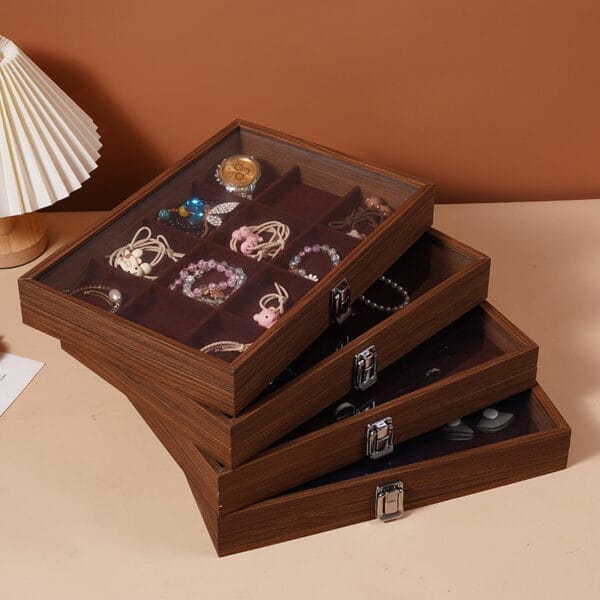 Custom Burl Wood Jewelry Box: Stackable wooden jewelry organizer with glass top and multiple compartments for rings, earrings, bracelets, and watches. Perfect for jewelry storage and display.