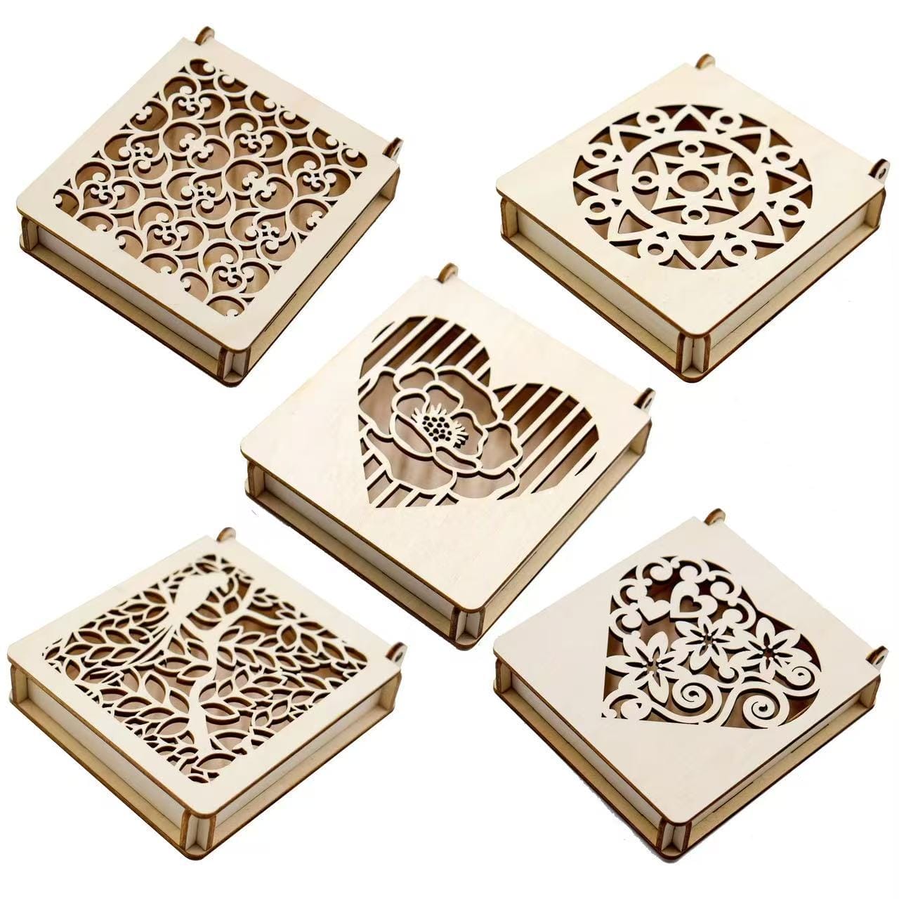 Custom Carved Wooden Boxes: Set of 5 laser-cut wooden boxes with intricate floral, heart, and geometric designs. Wholesale available.