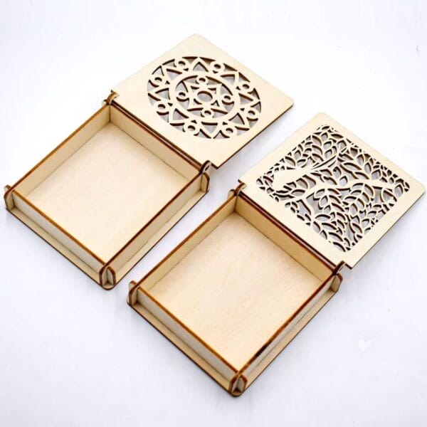 Custom Carved Wooden Box: Two laser-cut wooden boxes with intricate mandala and tree designs, wholesale available.