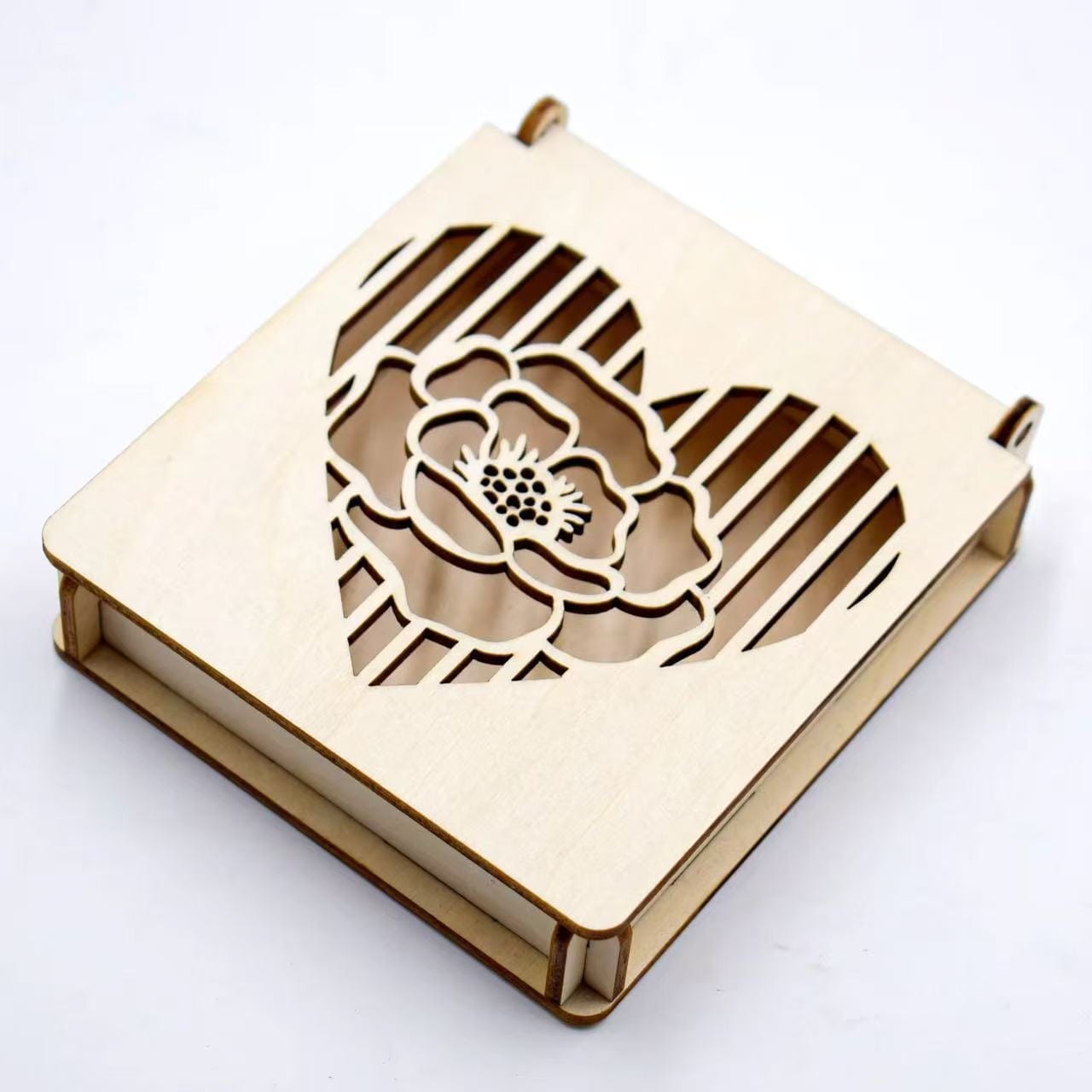 Custom Carved Wooden Box: Laser-cut wooden box with a heart-shaped design featuring an intricate flower. Wholesale available.