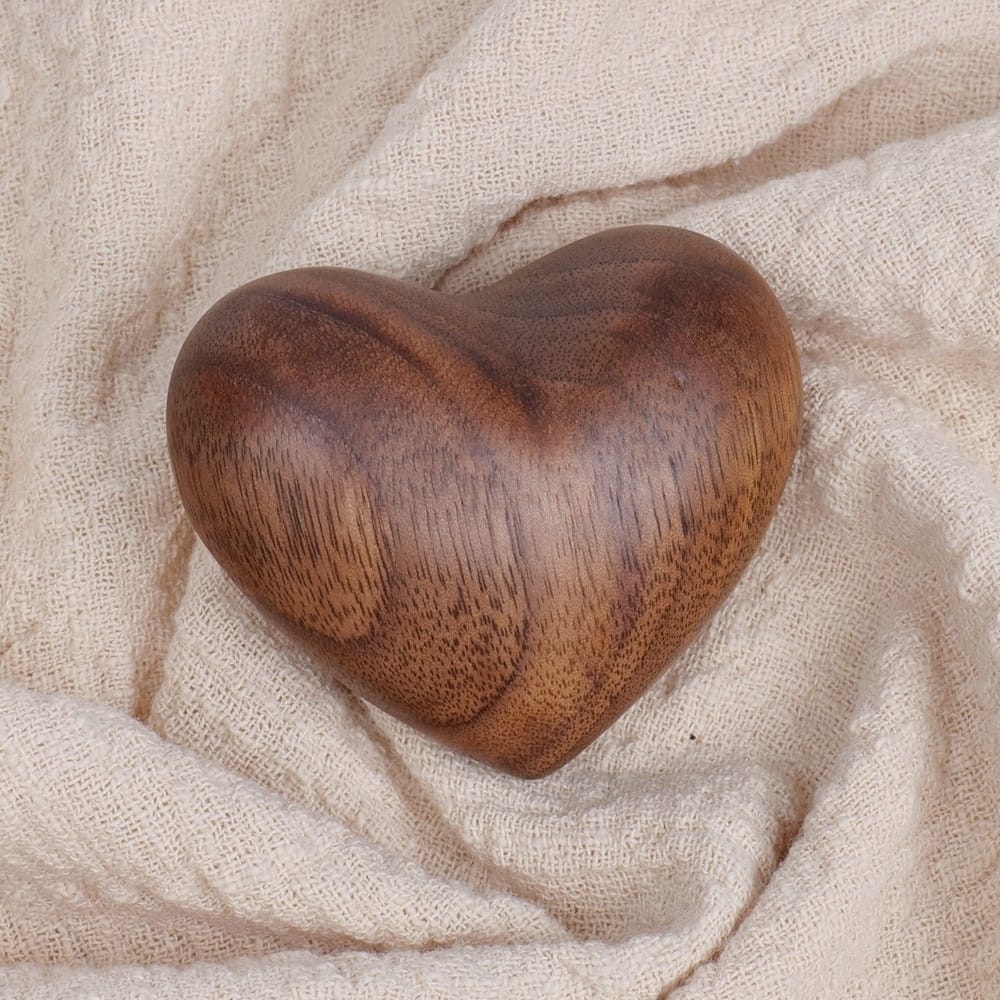Solid Black Walnut Carved Wooden Heart: Hand-carved heart, dark brown walnut wood.