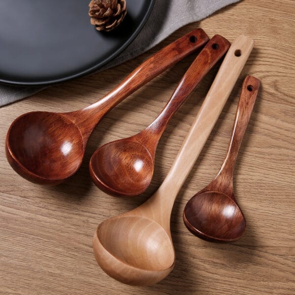 Set of four wooden soup ladles with long handles, various sizes. Customizable wholesale option available.