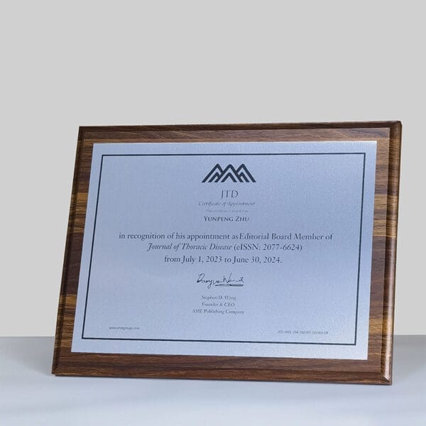 Custom Engraved Wooden Plaque: A sophisticated dark brown wooden plaque with a silver metal insert, perfect for corporate awards and recognition. Features engraved certificate of appointment. Wholesale available.