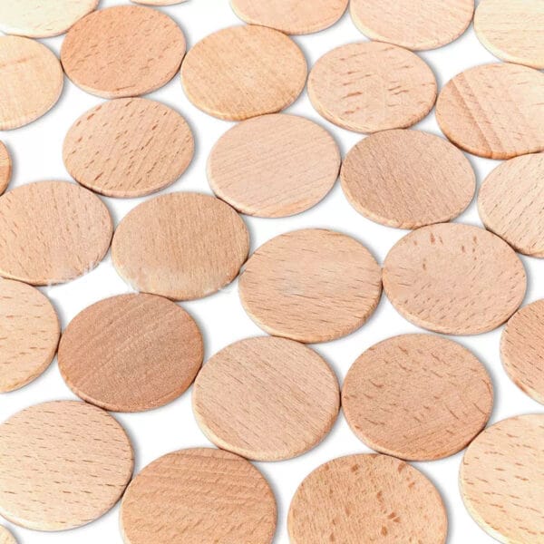 Wholesale wooden tokens: Many custom beech wood coins, perfect for games or crafts.