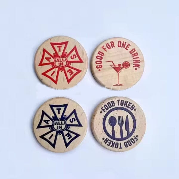 Custom Beech Wood Coins: Wholesale wooden tokens, featuring starburst & drink/food designs. Perfect for businesses.