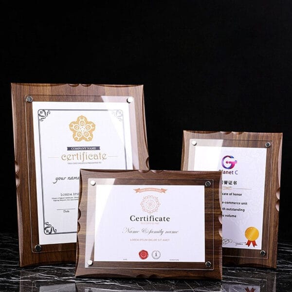 Walnut Custom Wood Plaques: Set of three engraved wooden certificate award plaques, perfect for wholesale or custom orders.