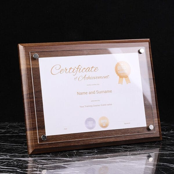 Walnut Custom Wood Plaque Certificate Award: Prestigious wooden plaque with clear acrylic front, perfect for displaying certificates of achievement or awards.