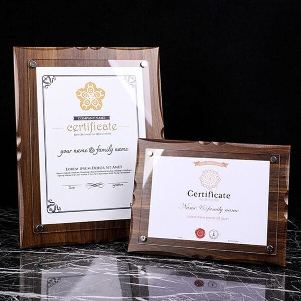 Walnut wood certificate plaques: Set of two custom engraved awards, perfect for recognition or achievement. Wholesale available.