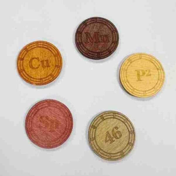 Custom Wooden Coins: Set of 5 bamboo laser-cut, UV-printed wooden coins with various symbols & numbers. Perfect for games or crafts.