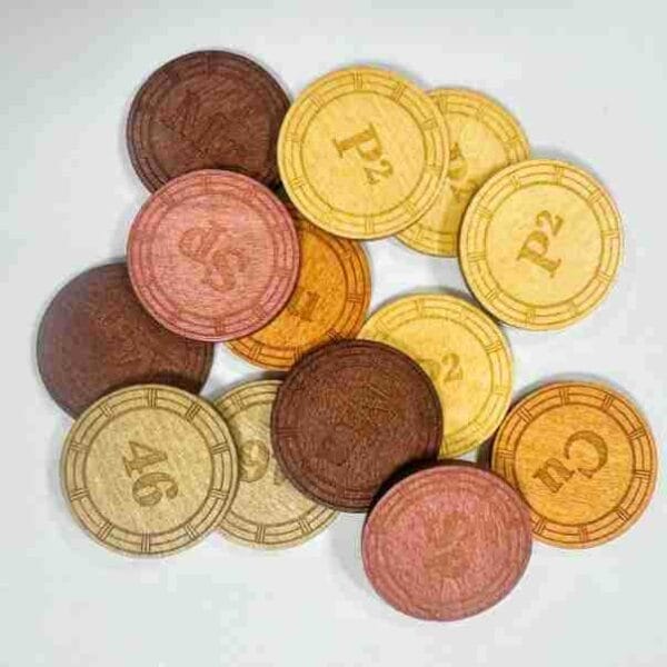 Custom Wooden Coins: Set of laser-cut bamboo coins, UV printed with various numbers and colors. Perfect for games or crafts.