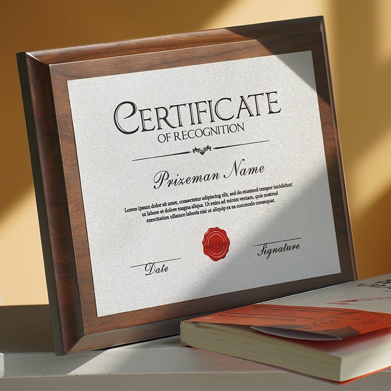 Custom Engraved Solid Wood Award Plaque: Elegant wooden framed certificate plaque with silver insert, perfect for recognition awards. Features space for personalization.