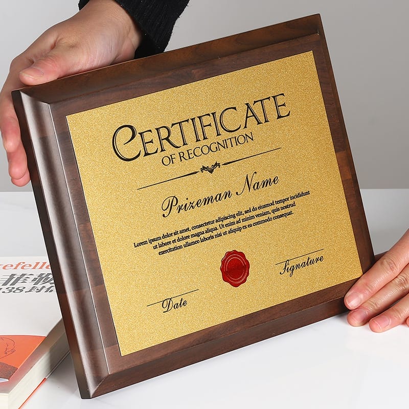 Custom Engraved Solid Wood Award Plaque: Dark brown wooden plaque with a gold certificate insert for recognition awards. Perfect for engraving custom messages.