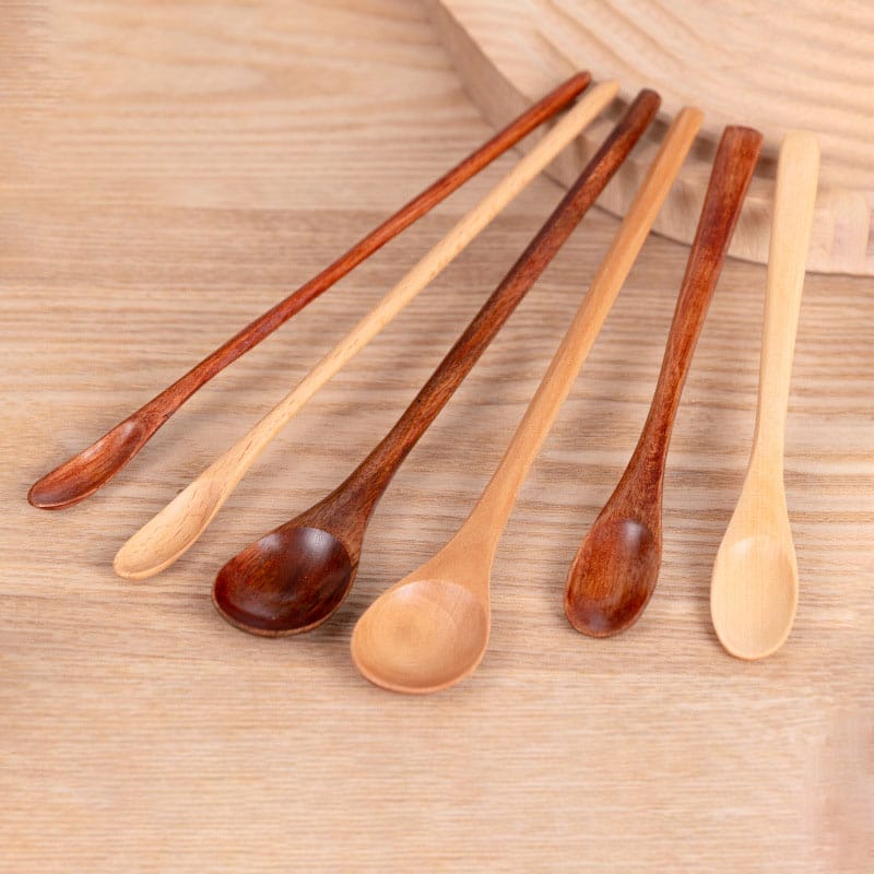Custom wholesale long handle honey wooden spoon: Set of six, various wood tones.
