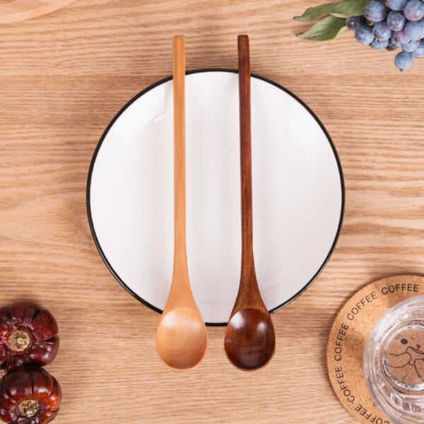 Custom Wholesale Long Handle Honey Wooden Spoons: Set of two, one light and one dark brown, perfect for honey or other uses.