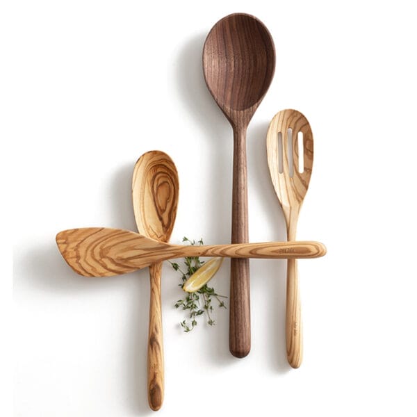 Olive wood spoons wholesale: Set of 3 handcrafted spoons – large walnut serving spoon, slotted spoon, and spatula. Wholesale available.