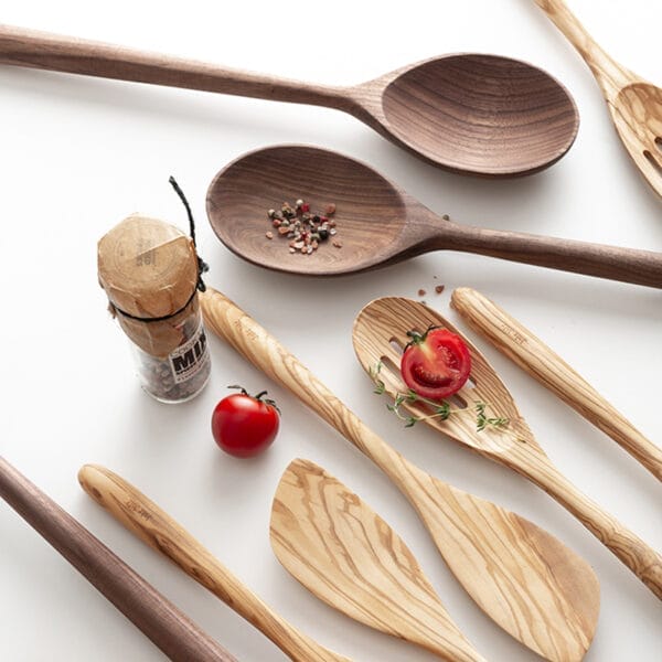Olive wood and walnut kitchen spoons & spatulas. Wholesale & custom manufacturer options available.