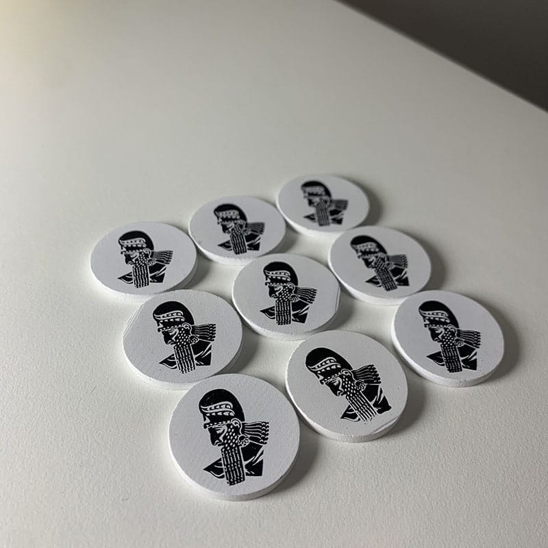 Custom Personalized Wooden Coins: Ten bulk wholesale wooden coins, each featuring a unique historical profile design.