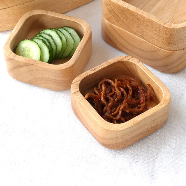 Small Wooden Bowls Stackable Set: Two light wood square bowls, perfect for snacks or condiments. Wholesale & custom logo options available.