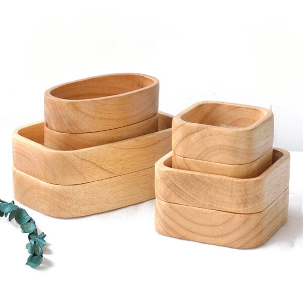 Stackable Small Wooden Bowls Set: Eco-friendly oval and square wooden bowls, perfect for serving or kitchen storage. Wholesale and custom logo options available.