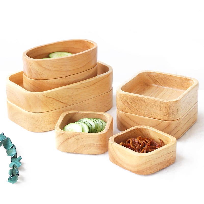 Small Wooden Bowls Stackable Set: Eco-friendly set of square & rectangular wooden bowls, perfect for serving snacks or condiments. Wholesale & custom logo options available.