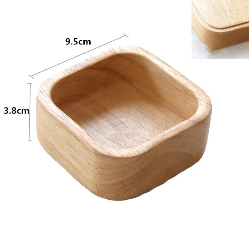 Small Wooden Bowl: Light brown, square-shaped, stackable wooden bowl (9.5cm x 3.8cm). Perfect for home decor or serving.