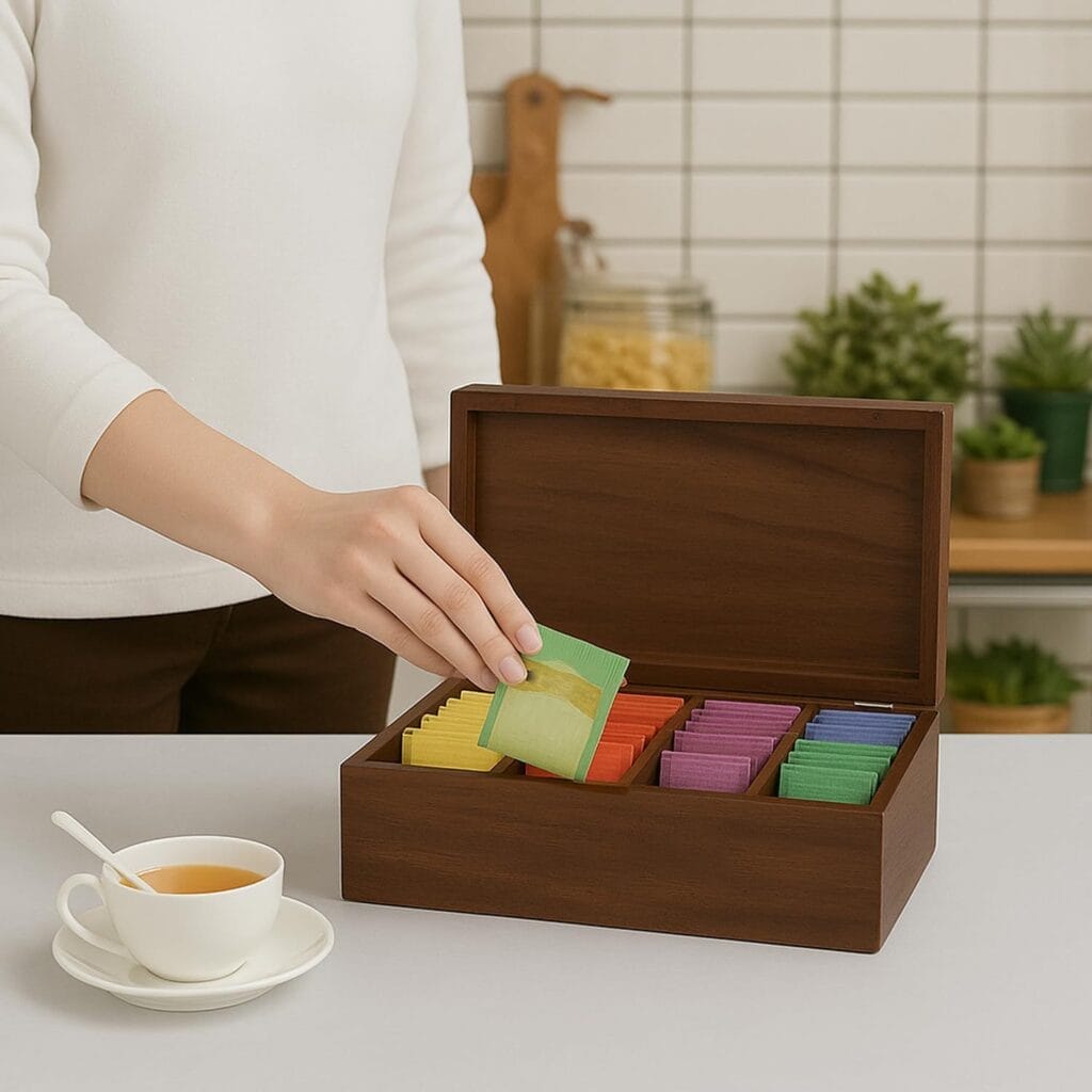 Custom Wooden Tea Bag Wooden Box: Organize your tea collection in this elegant, engraved wooden box. Perfect for wholesale or personal use.