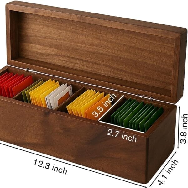 Custom Wooden Tea Bag Box: Organize your tea with this beautiful wooden box featuring multiple compartments for various tea bags.