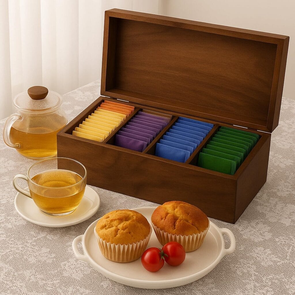 Custom Wooden Tea Bag Box: Organize your tea collection with this handcrafted wooden box. Features compartments for various tea bags. Wholesale available.