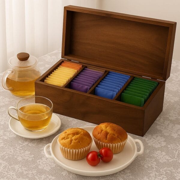 Custom Wooden Tea Bag Box: Organize your tea collection with this handcrafted wooden box. Features compartments for various tea bags. Wholesale available.