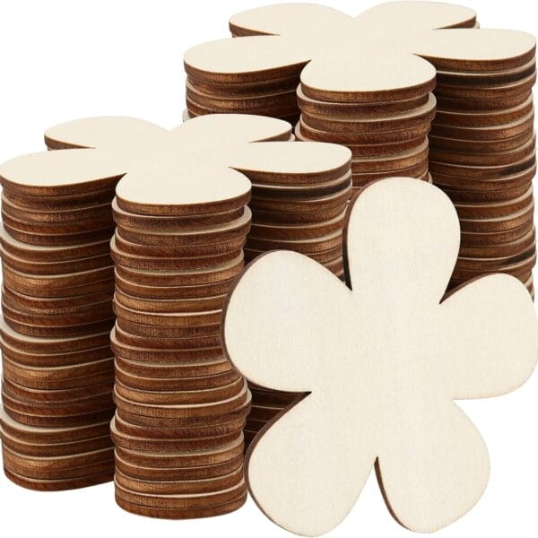 Wholesale Unfinished Wood Circles: Stacks of customizable wooden flower shapes, perfect for crafts.