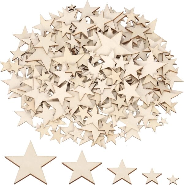 Wooden craft stars: Assortment of unfinished wooden stars, perfect for DIY projects and crafts.