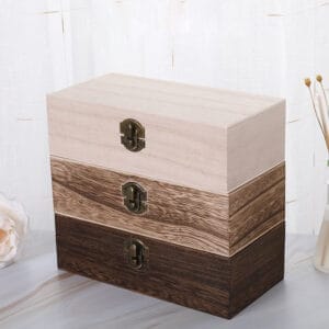 Custom Wood Vintage Wood Box: Set of three rustic layered wooden storage boxes with bronze latches.