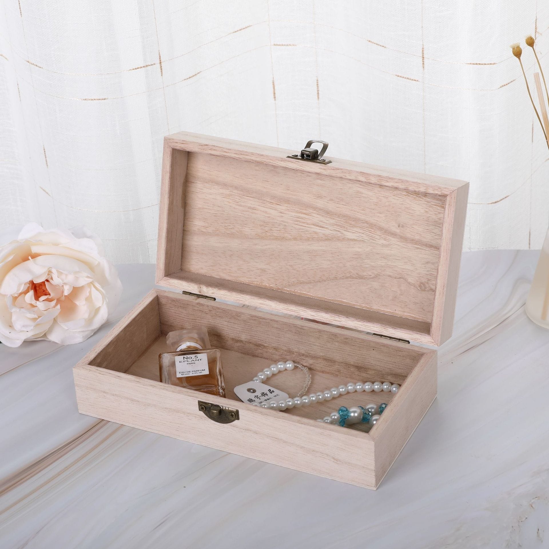 Custom Wood Vintage Rectangular Storage Box: A handcrafted wooden jewelry box, perfect for storing small items. Features a hinged lid and antique brass clasp.