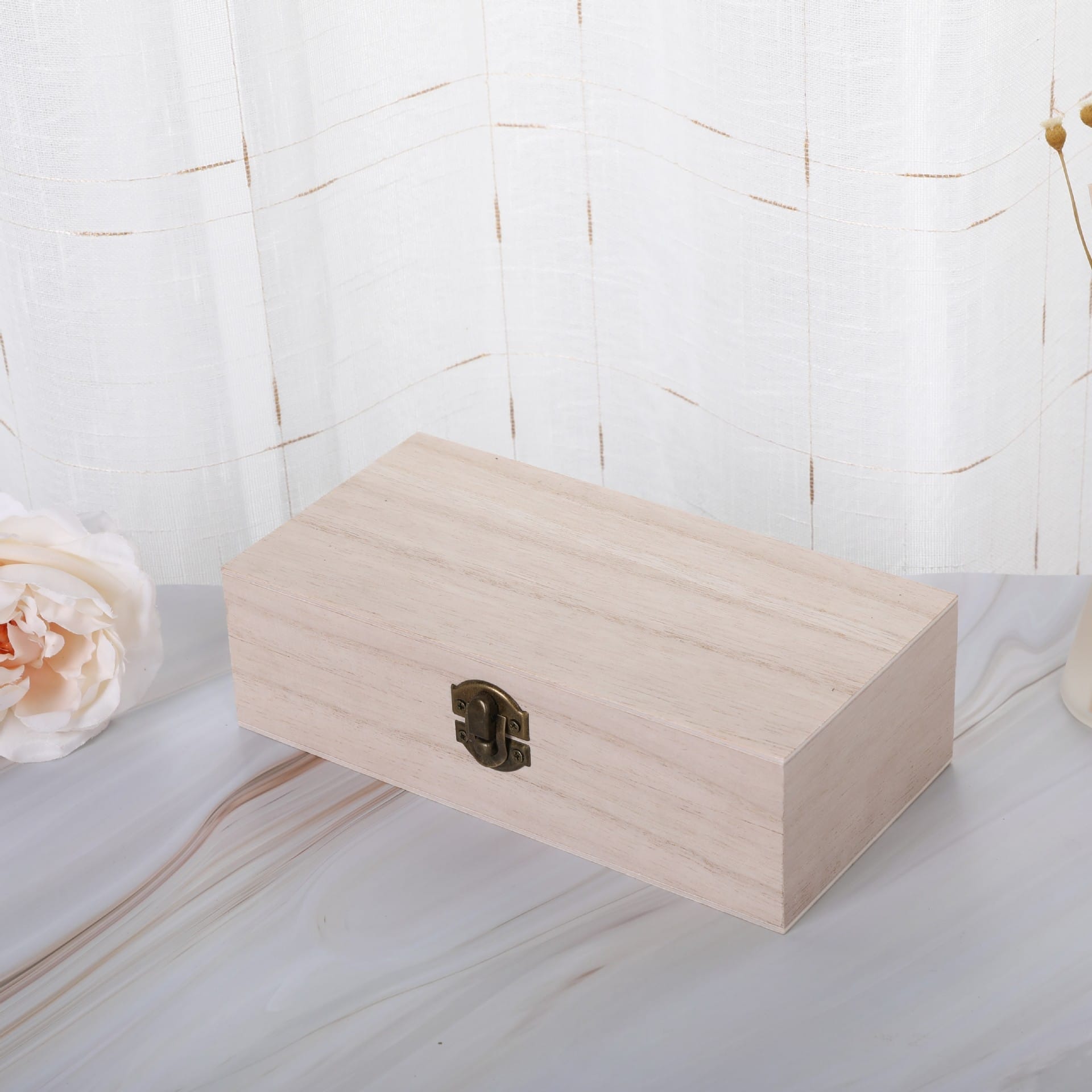 Custom Wood Vintage Rectangular Storage Box: Light-colored wooden storage box with a bronze latch. Perfect for organizing and storing small items.