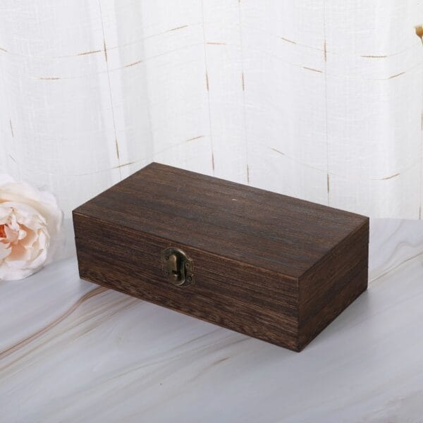 Custom Wood Vintage Rectangular Storage Box: Dark brown wooden storage box with a bronze clasp. Perfect for storing small items.
