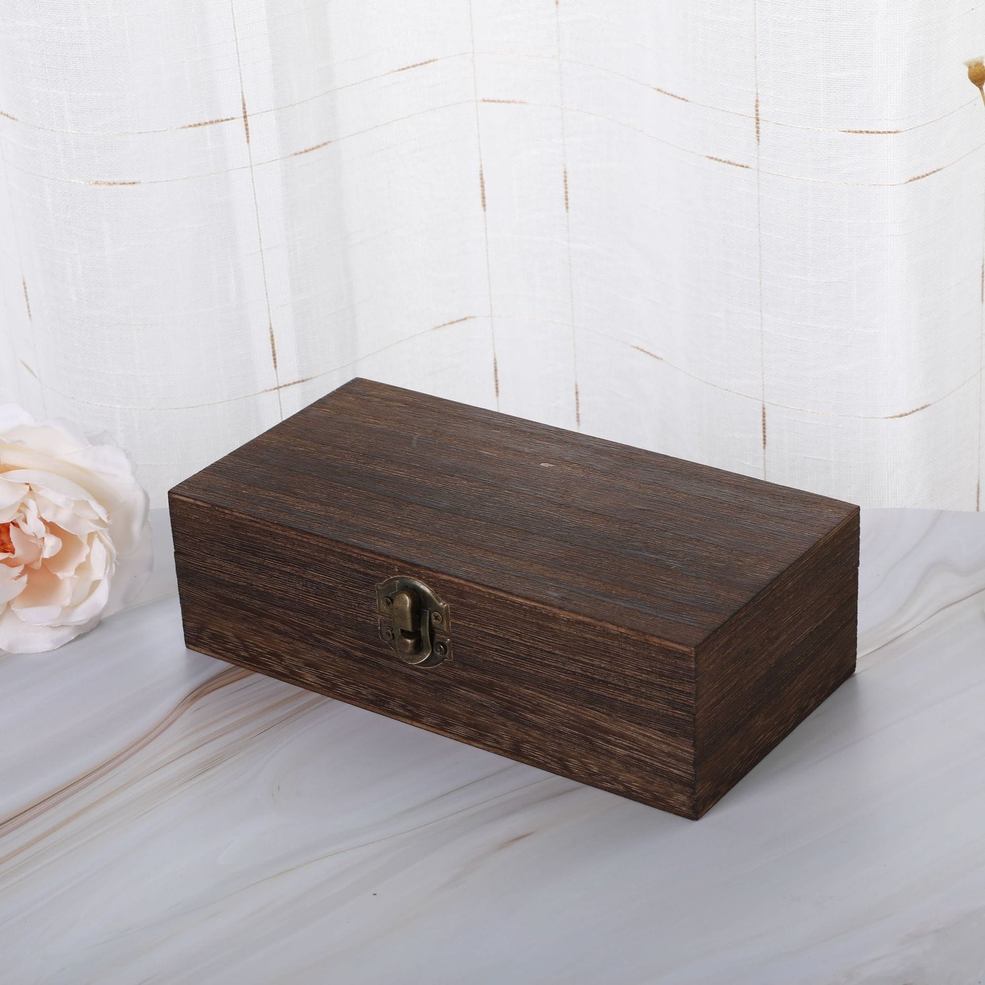 Custom Wood Vintage Rectangular Storage Box: Dark brown wooden storage box with a bronze clasp. Perfect for storing small items.