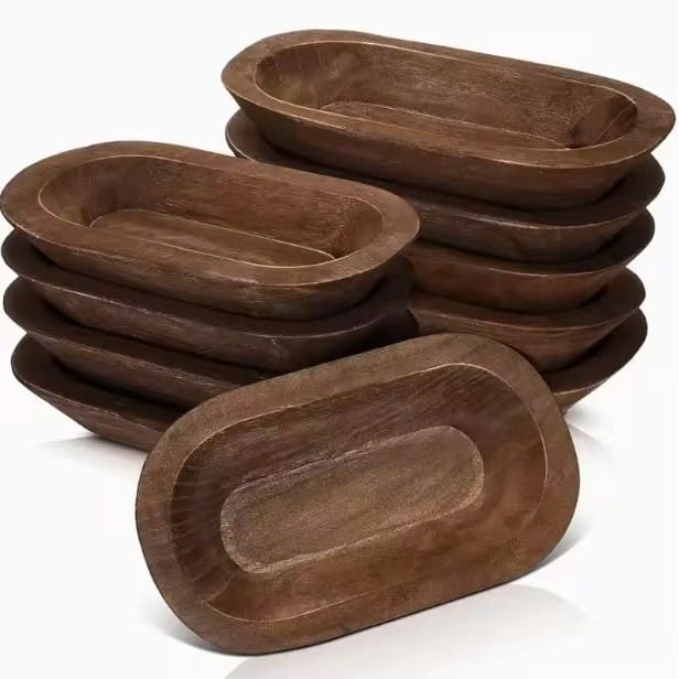 wholesale wooden dough bowls Set of rustic brown wooden oval bowls, perfect for serving bread, snacks, or farmhouse decor. Handcrafted and shallow.