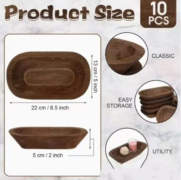 Set of 10 rustic wooden bowls, stackable for easy storage. Perfect for serving or farmhouse decor.