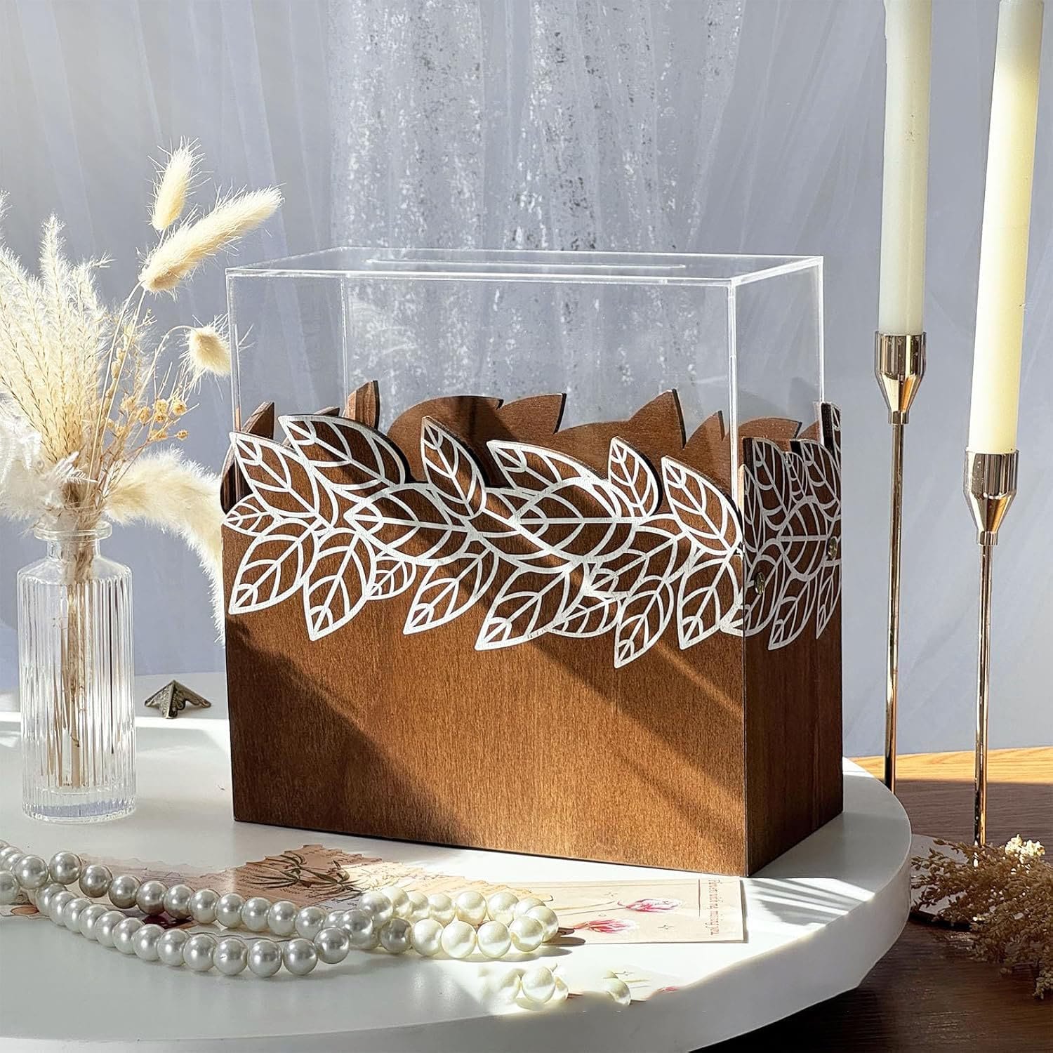Custom Laser-Cut Wood Box for Cards: Handmade wooden gift box with clear acrylic top, featuring an elegant laser-cut leaf design. Perfect for cards, gifts, or storage. Wholesale available.