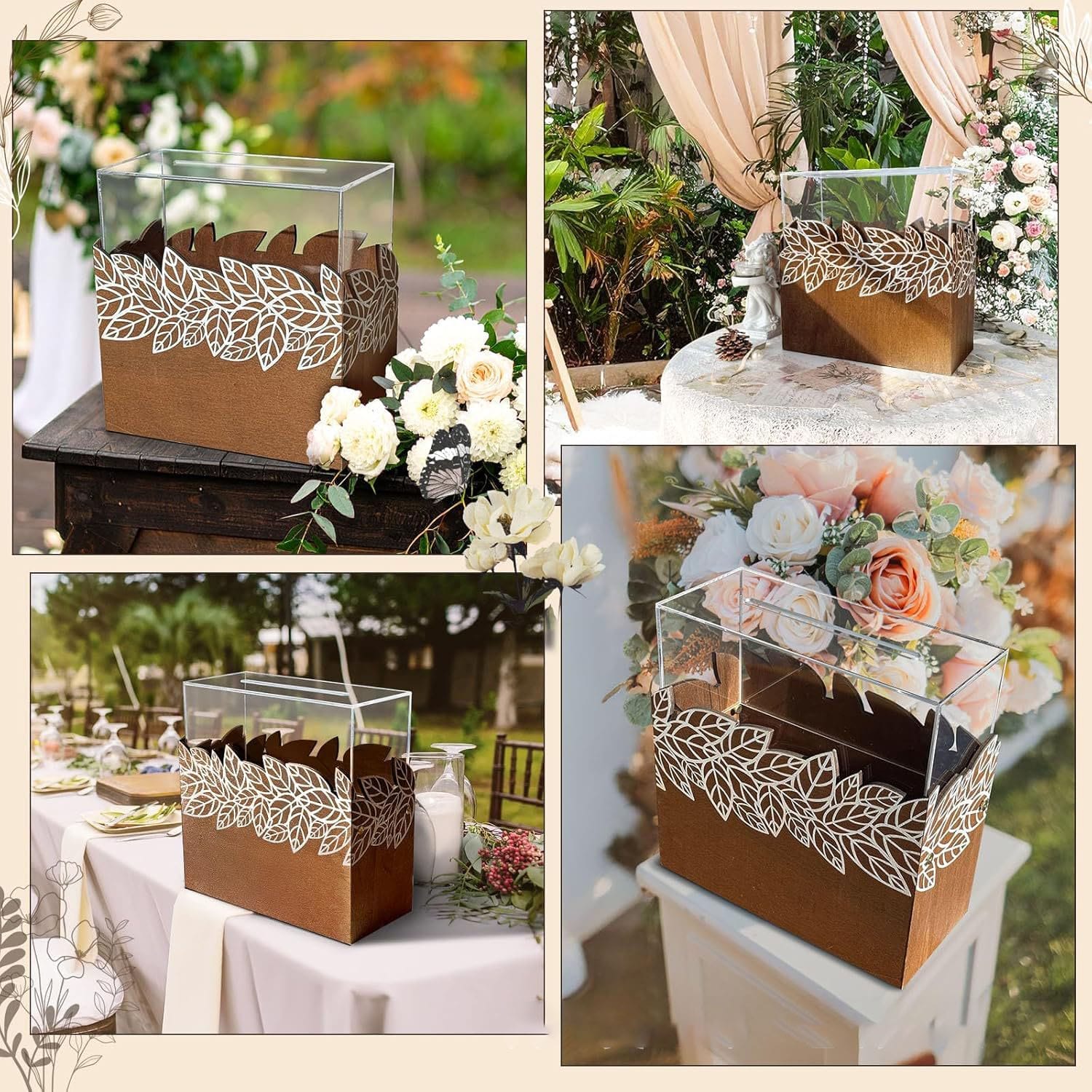 Custom Laser-Cut Wood Wedding Card Box: Handmade brown wooden box with clear acrylic top & delicate leaf design. Perfect for gifts or cards. Wholesale available.