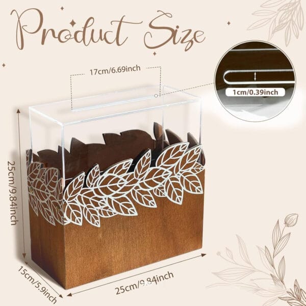 Handmade wooden storage box with laser-cut leaf design; perfect for cards or gifts. Custom wholesale options available.