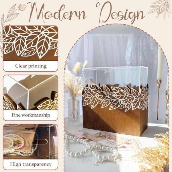 Custom Laser-Cut Wooden Gift Box with Acrylic Lid: Handmade storage box, perfect for cards or gifts. Features intricate laser-cut leaf design.