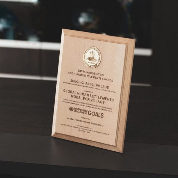 Custom Beech Wood Plaque Blanks Wholesale Award: Engraved beech wood plaque, perfect for custom awards. Features gold emblem.