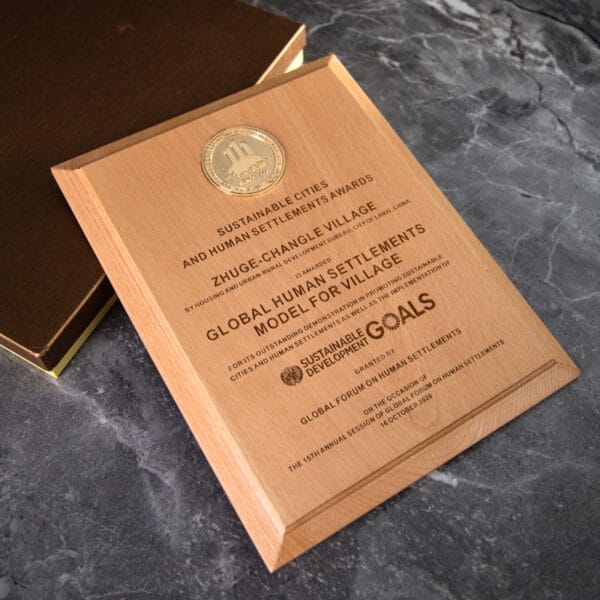 Custom Beech Wood Plaque Blanks Wholesale Award: Engraved wooden plaque with gold medallion, perfect for corporate awards or recognition.