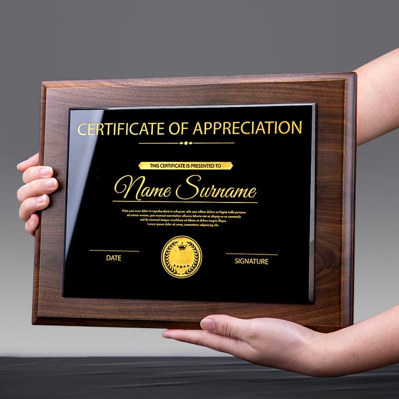 Black Walnut Wooden Plaques: Custom engraved award plaque with a certificate of appreciation. Perfect for employee recognition or corporate awards.