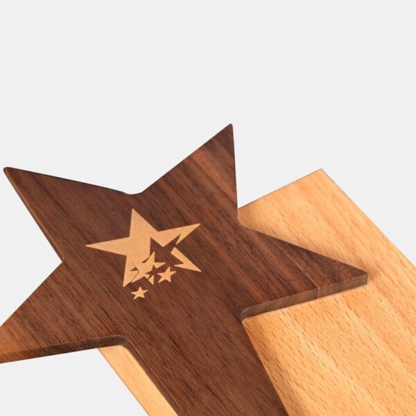 Custom Solid Wood Plaque Award: Star-shaped engraved plaque with gold starburst design, wholesale awards
