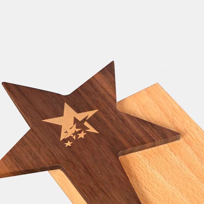Custom Solid Wood Plaque Award: Star-shaped engraved plaque with gold starburst design, wholesale awards